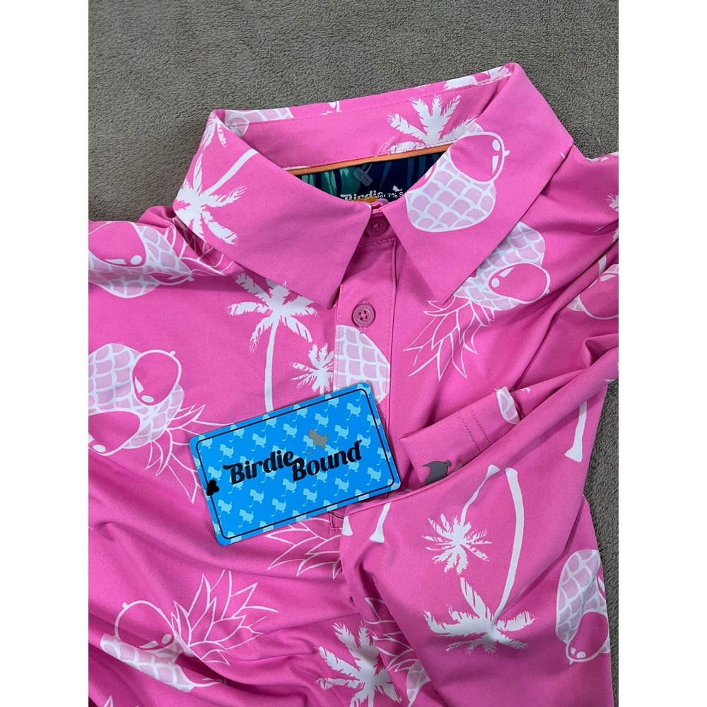 Birdie Bound Pineapple Sunglasses Golf Polo Shirt Men's M Pink Polyester S/S NEW - Picture 4 of 7